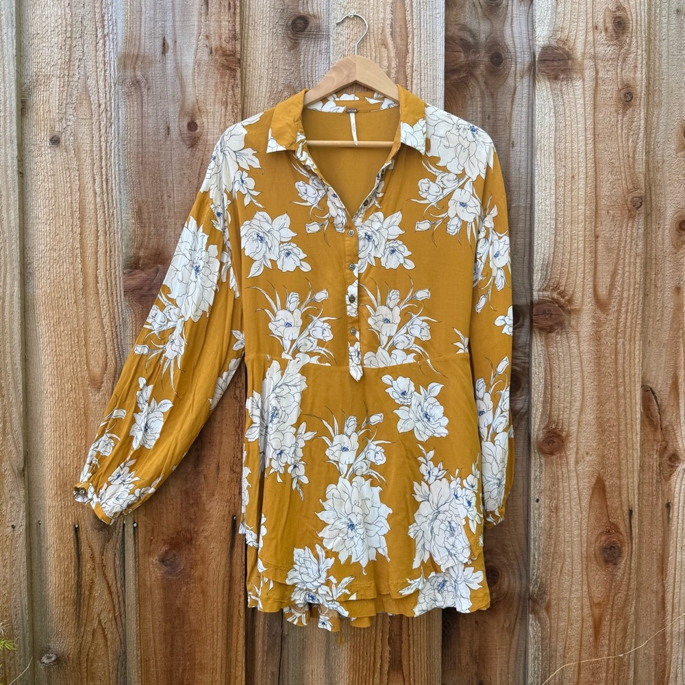 Free People Mustard Floral Shake It Button-Front Casual Mini Dress 🌿